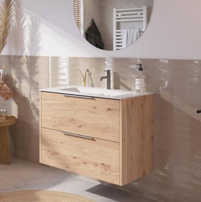 Saqu Lima badmeubel incl. keramische wastafel 80x46x61cm naturel eiken - rvs greep