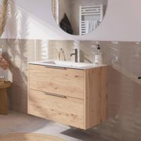 Saqu Lima badmeubel incl. keramische wastafel 80x46x61cm naturel eiken - rvs greep - thumbnail