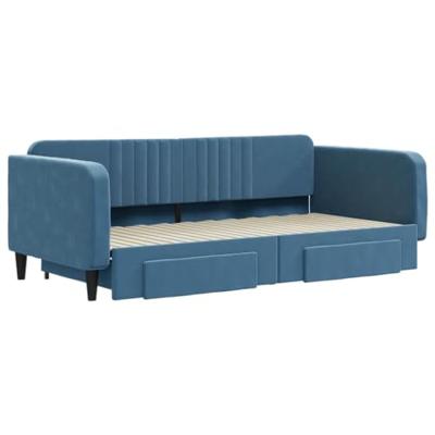 Slaapbank met onderschuifbed en lades 100x200 cm fluweel blauw