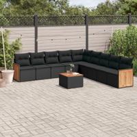 10-delige Loungeset met kussens poly rattan zwart - thumbnail
