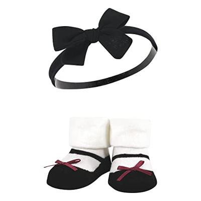 Hudson Baby Infant Girl Headband and Socks Giftset, Burgundy Black, One Size