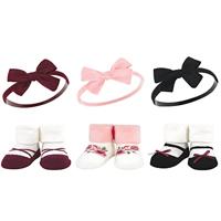 Hudson Baby Infant Girl Headband and Socks Giftset, Burgundy Black, One Size - thumbnail