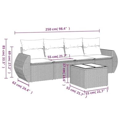 5-delige Loungeset met kussens poly rattan lichtgrijs