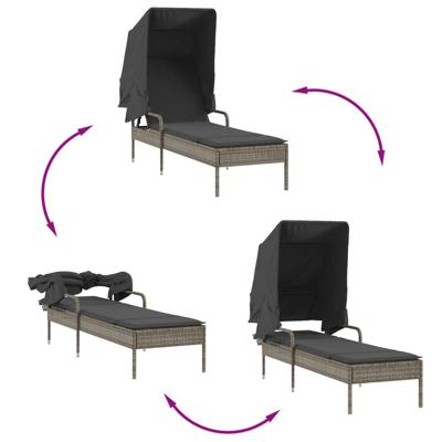 Ligbedden 2 st met luifels en tafel poly rattan grijs - thumbnail