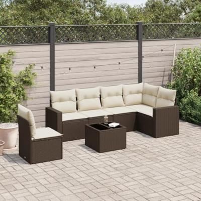 7-delige Loungeset met kussens poly rattan bruin