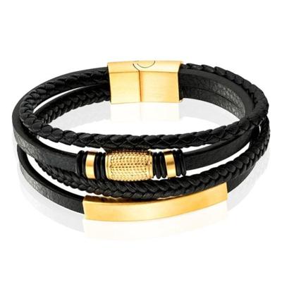 Mendes Jewelry Heren Armband van Roestvrijstaal en Echt Leder - Luxe Zwart met Gouden Elementen-21cm Mendes Jewelry Heren Armband van Roestvrijstaal en Echt Leder - Luxe Zwart met Gouden Elementen-21cm
