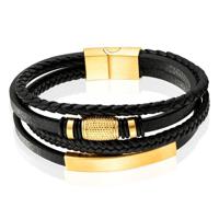 Mendes Jewelry Heren Armband van Roestvrijstaal en Echt Leder - Luxe Zwart met Gouden Elementen-21cm - thumbnail