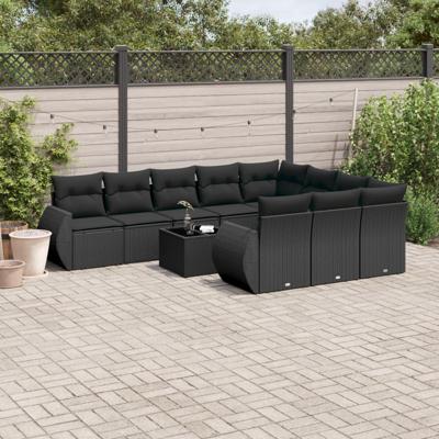 11-delige Loungeset met kussens poly rattan zwart