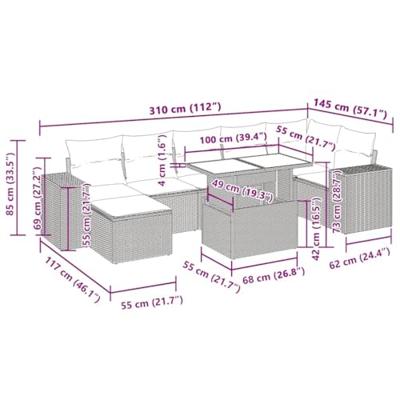 8-delige Loungeset met kussens poly rattan lichtgrijs