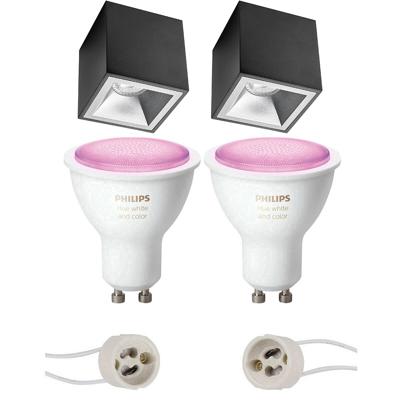 Pragmi Cliron Pro - Opbouw Vierkant - Mat Zwart/zilver - Verdiept - 90mm - Philips Hue - Opbouwspot Set Gu10 - White And