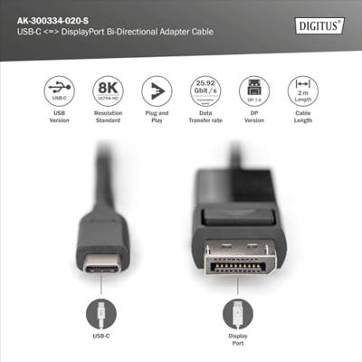 Digitus AK-300334-020-S USB-C-displaykabel DisplayPort / USB-C Aansluitkabel DisplayPort-stekker, USB-C stekker 2.00 m Zwart Afgeschermd (drievoudig),