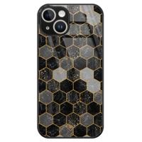 iPhone 14 glazen hardcase - Hexagons zwart - thumbnail