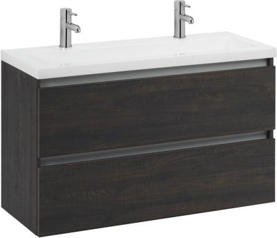 Saqu Gaia ondiep badmeubel incl. glans witte wastafel met 2 kraangaten 100x40x64cm kasteel bruin - aluminium greeplijst