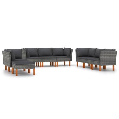9-delige Loungeset met kussens poly rattan grijs