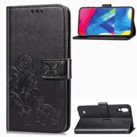 Lucky klaver geperst bloemen patroon lederen case voor Galaxy M10 met houder & card slots & portemonnee & hand strap (zwart) - thumbnail