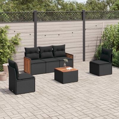 5-delige Loungeset met kussens poly rattan zwart - thumbnail