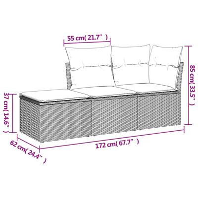 3-delige Loungeset met kussens poly rattan grijs - thumbnail