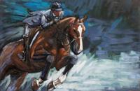 Schilderij - Metaalschilderij - Springpaard, ruiter, 120x80cm - thumbnail