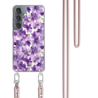 Samsung Galaxy S25 hoesje met rosegoud koord - Floral violet