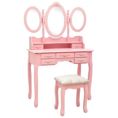 Kaptafel met kruk en drievoudige spiegel roze Kaptafel met kruk en drievoudige spiegel roze