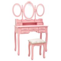 Kaptafel met kruk en drievoudige spiegel roze - thumbnail