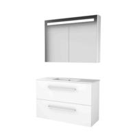 Basic-Line Premium 39 Badkamermeubelset - Ondiep - 100 x 39 cm - Met Grepen - 2 Lades - Keramische Wastafel - 1 Kraangat - Spiegelkast met LED Verlichting - Ice White - thumbnail