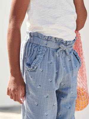 Driekwartsbroek voor meisjes met bloemenprint in katoengaas blauw