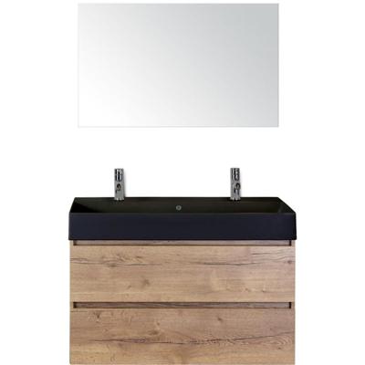 Maxx XL Badmeubelset 100 cm - Natuur Eiken - Wastafel Kube Zwart 2 Kraangaten met Spiegel