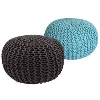 Sunfield Poefs Set Van 2 Gebreide Poefs Rond Vloerkussen Ø 55 Cm H 37 Cm Zwart Turquoise - thumbnail
