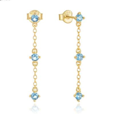 Elenza Goudkleurige Oorbellen met Blauwe Kristallen en Kettingdesign