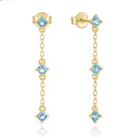 Elenza Goudkleurige Oorbellen met Blauwe Kristallen en Kettingdesign - thumbnail
