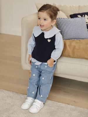 Wijde jeans met kleine geborduurde hartjes stone