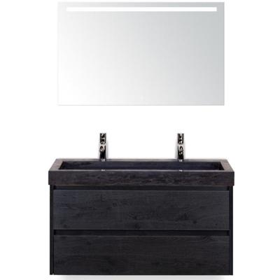 Dante Badmeubelset 100 cm - Black Oak - Wastafel Hardsteen Wit Lucca 2 Kraangaten met Sence Spiegel