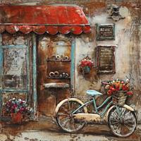 Schilderij - metaalschilderij -Fiets voor huis 100x100cm - thumbnail