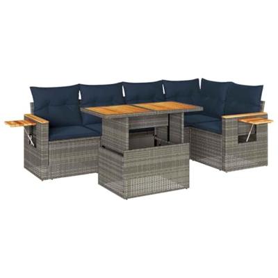 6-delige Loungeset met kussens poly rattan acacia grijs