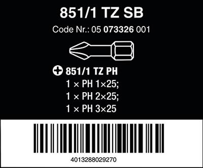 Wera 851/1 TZ SB SiS 05073326001 Kruis-bit PH 1, PH 2, PH 3 Gereedschapsstaal Taai D 6.3 3 stuk(s) Wera 851/1 TZ SB SiS 05073326001 Kruis-bit PH 1, PH 2, PH 3 Gereedschapsstaal Taai D 6.3 3 stuk(s)