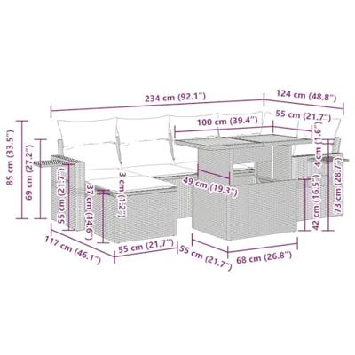 7-delige Loungeset met kussens poly rattan zwart