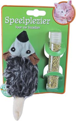 Kattenspeelgoed op kaart pluche rat met catnip vulbaar, 18 cm.
