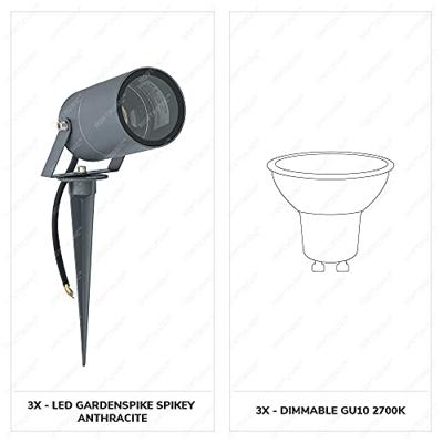 Set van 3 Spikey LED prikspots - GU10 4 Watt 345 lumen - Dimbaar - Kantelbaar - 2700K warm wit - IP65 Waterdicht - Antraciet - Tuinspots - Pinspots