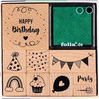 Set houten stempels, 9 stempels + 2 inkten HAPPY BIRTHDAY FOLIA hout - thumbnail