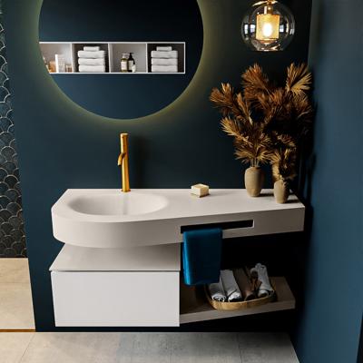 MONDIAZ RIVA 120cm badmeubel onderkast / planchet kleur Talc met 1 lade. Wastafel DULCET links 1 kraangat kleur Linen.