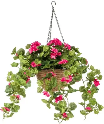 Kunstplant UV bestendig Fuchsia Geranium hangend in mand - 45cm