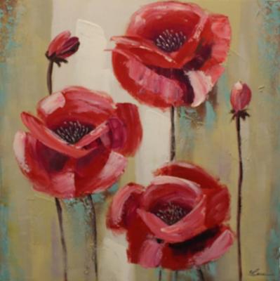 Schilderij - Handgeschilderd - Rode Klaprozen 80x80cm