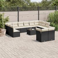 12-delige Loungeset met kussens poly rattan zwart - thumbnail