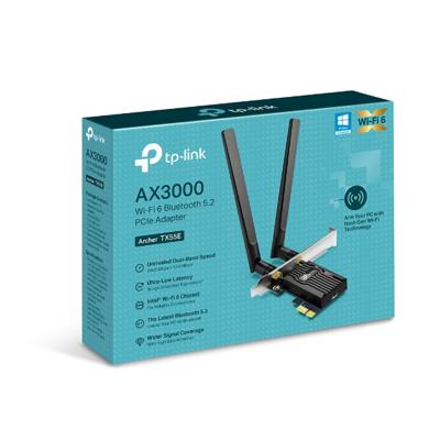 TP-Link Archer TX55E AX3000 Wi-Fi 6 Bluetooth 5.2 PCIe-adapter, Max 2402 Mbps 5 GHz en Max 574 Mbps 2,4 GHz, WPA3-encryptiestandaard, MU-MIMO, ondersteunt alleen Windows 11/10 (64-bit)