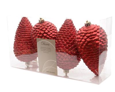 4 Dennenappels plastic glitter hang 12x7cm kerstrood KSD - Ksd