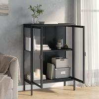 Dressoir 75x35x105 cm glas en staal zwart - thumbnail