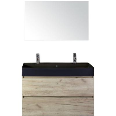 Maxx XL Badmeubelset 100 cm - Craft Oak - Wastafel Kube Zwart 2 Kraangaten met Spiegel