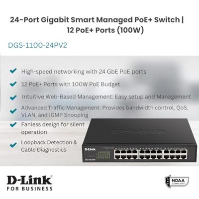 D-Link DGS-1100 Series 24-Port Gigabit PoE Smart Managed Switch met 12 PoE Ports, 100W PoE power budget, 802.3af/at, VLAN support, layer 2 features, QoS, 802.3az EEE, Fanless