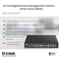 D-Link DGS-1100 Series 24-Port Gigabit PoE Smart Managed Switch met 12 PoE Ports, 100W PoE power budget, 802.3af/at, VLAN support, layer 2 features, QoS, 802.3az EEE, Fanless - thumbnail